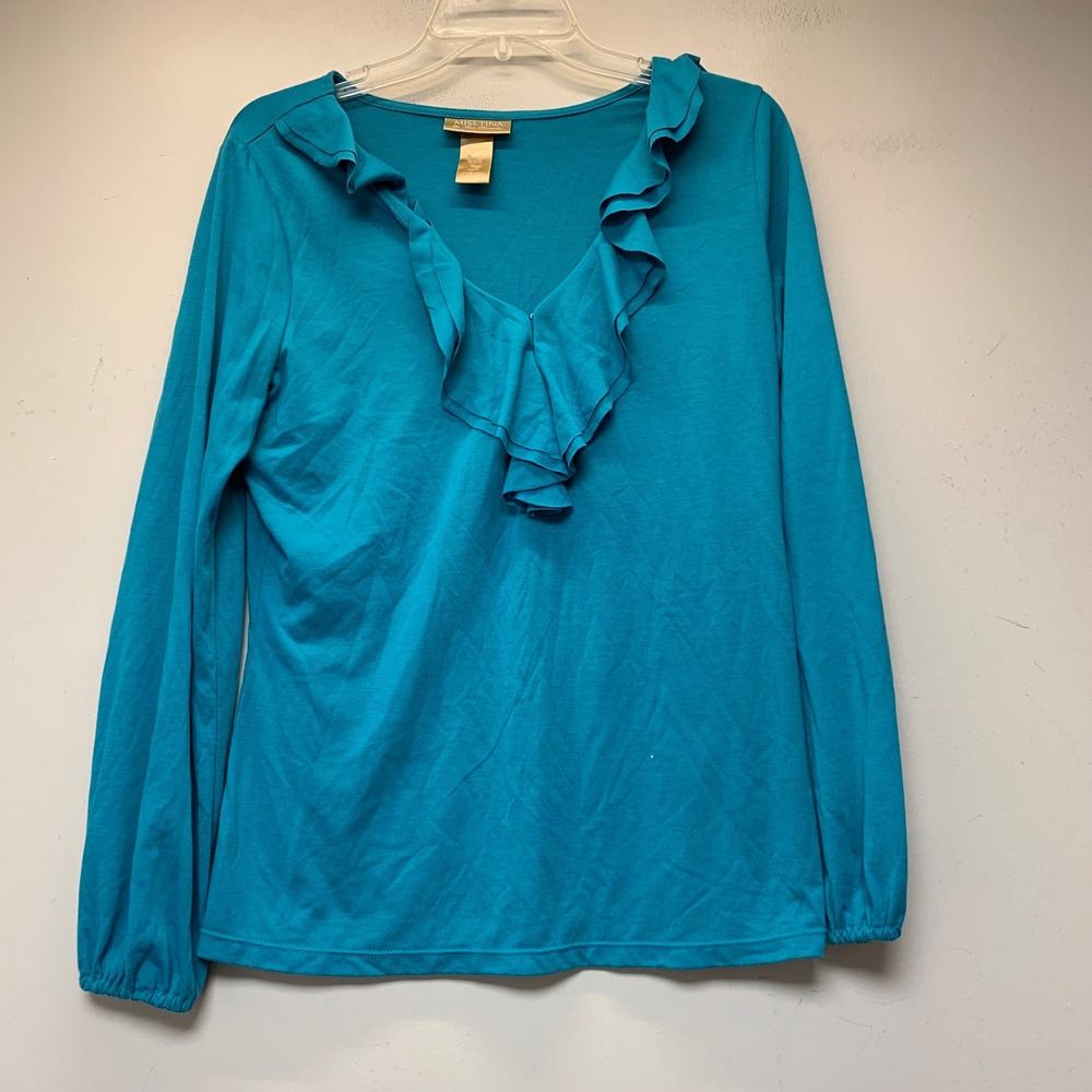 Miss Tina Ruffle V-Neck Top Womens Large Turquoise Excellent Long Sleeve MT8868